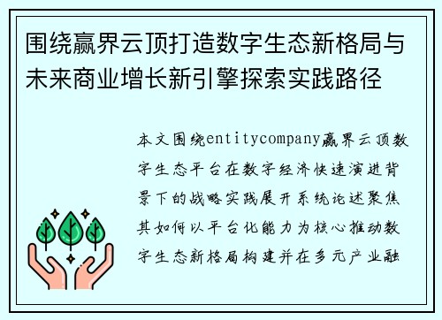 围绕赢界云顶打造数字生态新格局与未来商业增长新引擎探索实践路径
