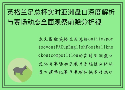 英格兰足总杯实时亚洲盘口深度解析与赛场动态全面观察前瞻分析视