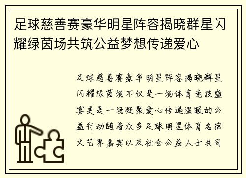 足球慈善赛豪华明星阵容揭晓群星闪耀绿茵场共筑公益梦想传递爱心 足球慈善赛豪华明星阵容揭晓群星闪耀绿茵场共筑公益梦想传递爱心